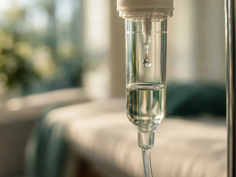An IV drip chamber in soft window light