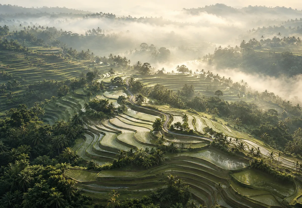 Rice terraces in Bali in morning mist