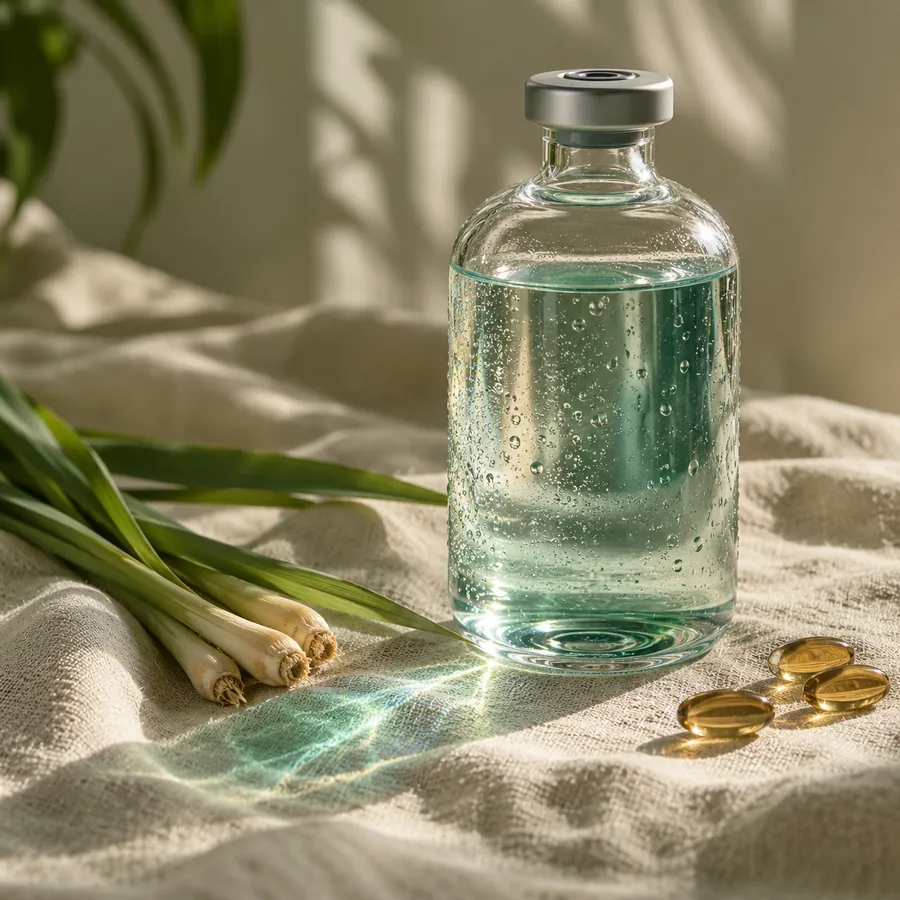 Glass IV bottle with lemongrass and capsules on linen