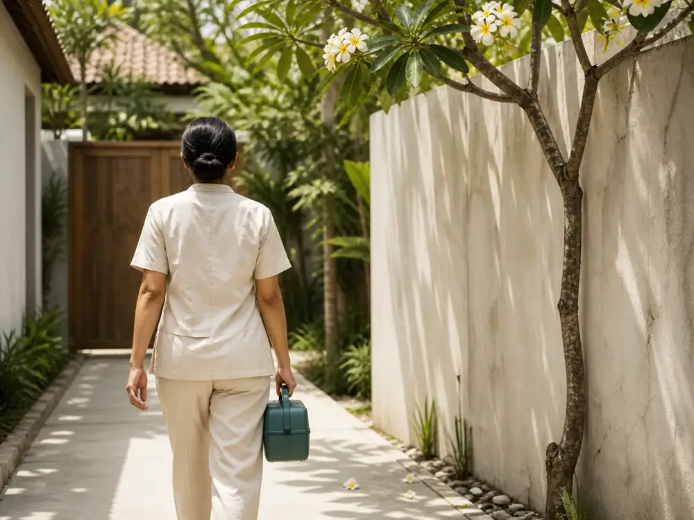 A nurse in cream linen walking along a sunlit villa path with a small teal medical case